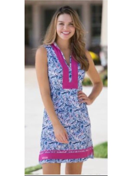 Simply Southern Dresses & Skirts - Women Simply Southern V Neck Leaf Print Tunic Dress A Pink Blue Summer Vacation